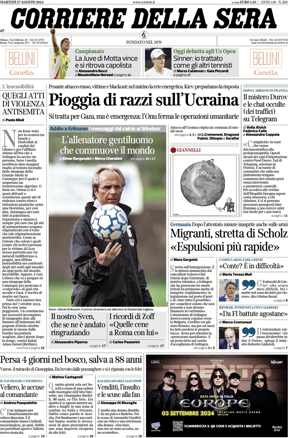 anteprima della prima pagina di corriere-della-sera del 27/08/2024