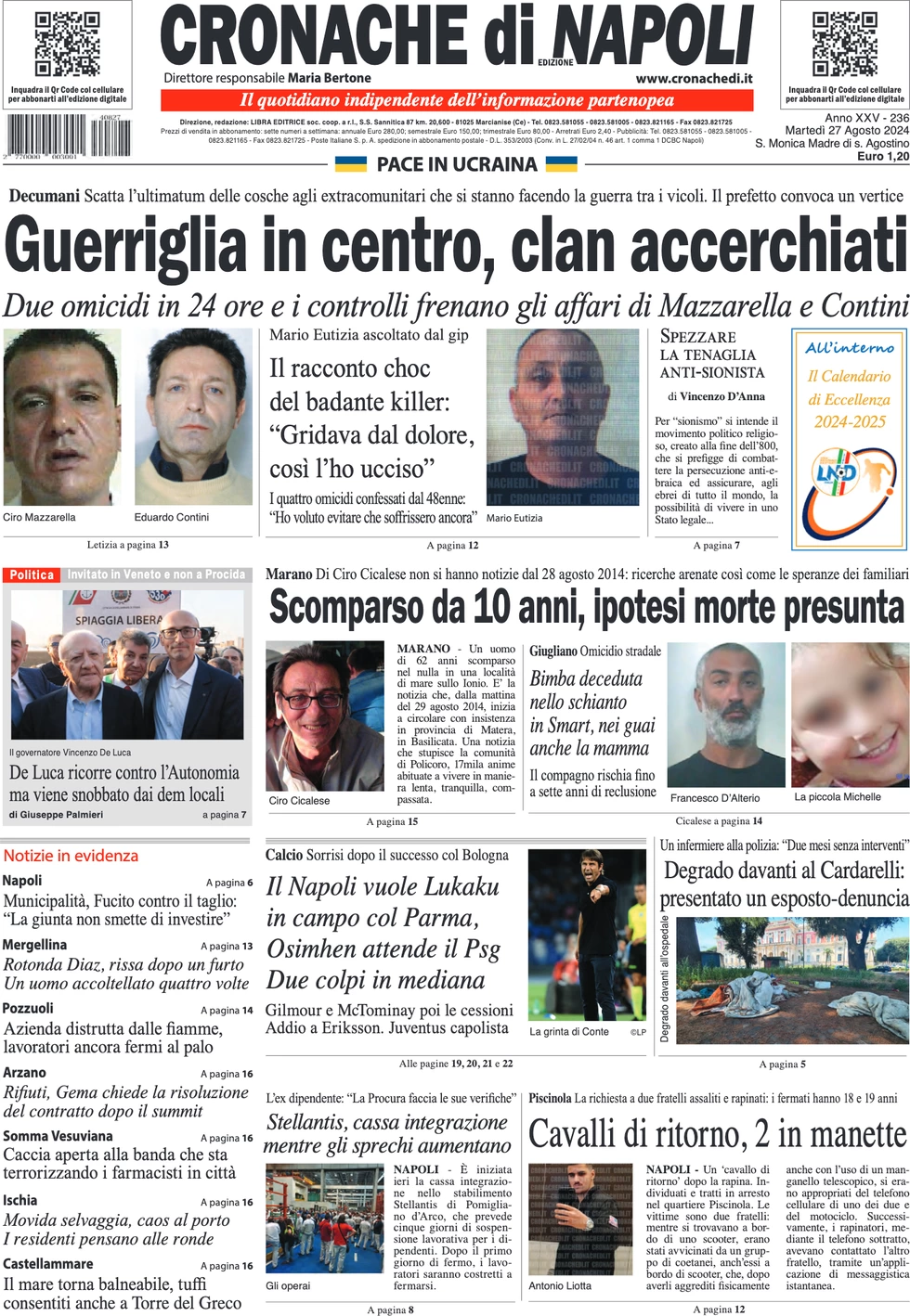 anteprima della prima pagina di cronache-di-napoli del 27/08/2024