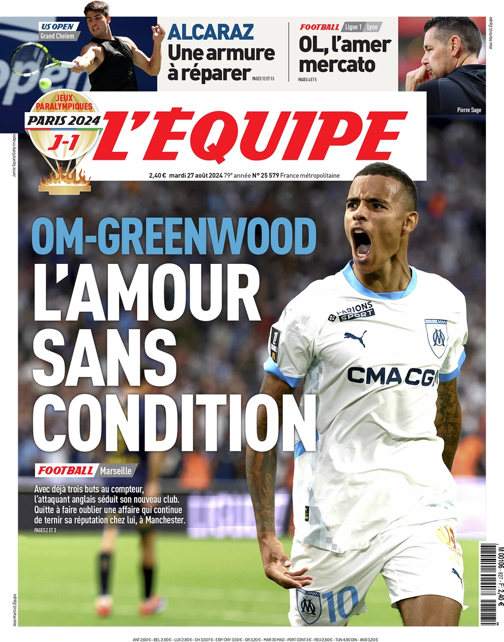 anteprima della prima pagina di lequipe del 27/08/2024