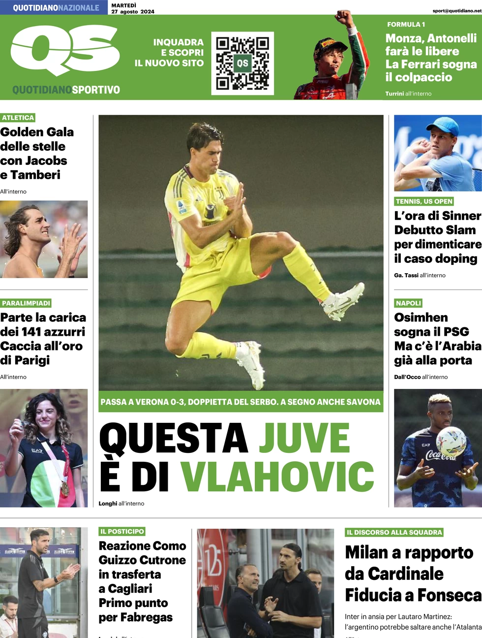 anteprima della prima pagina di qs-quotidiano-sportivo del 27/08/2024