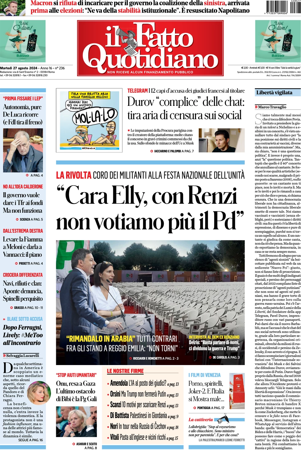 anteprima della prima pagina di il-fatto-quotidiano del 27/08/2024