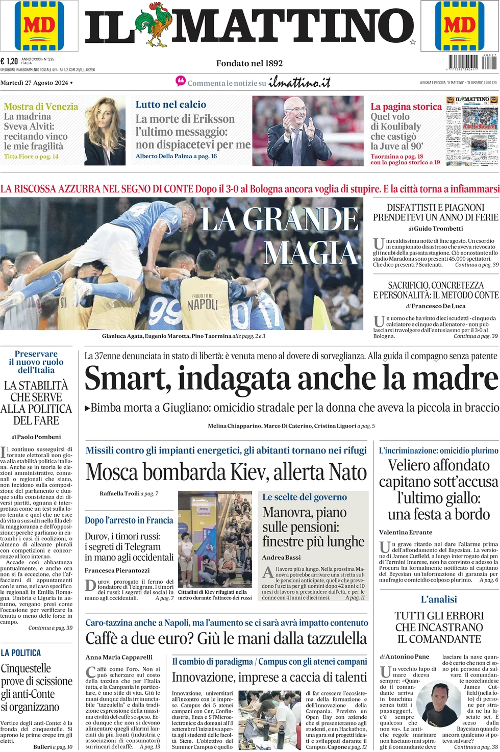 anteprima della prima pagina di il-mattino del 27/08/2024