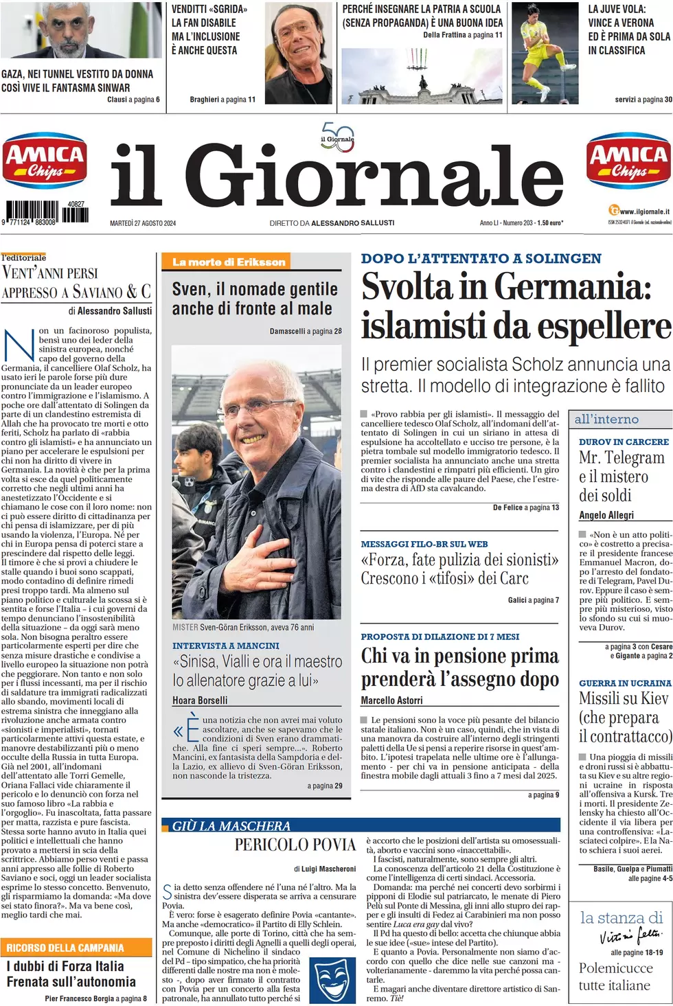 anteprima della prima pagina di il-giornale del 27/08/2024