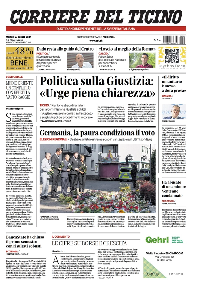 anteprima della prima pagina di corriere-del-ticino del 27/08/2024