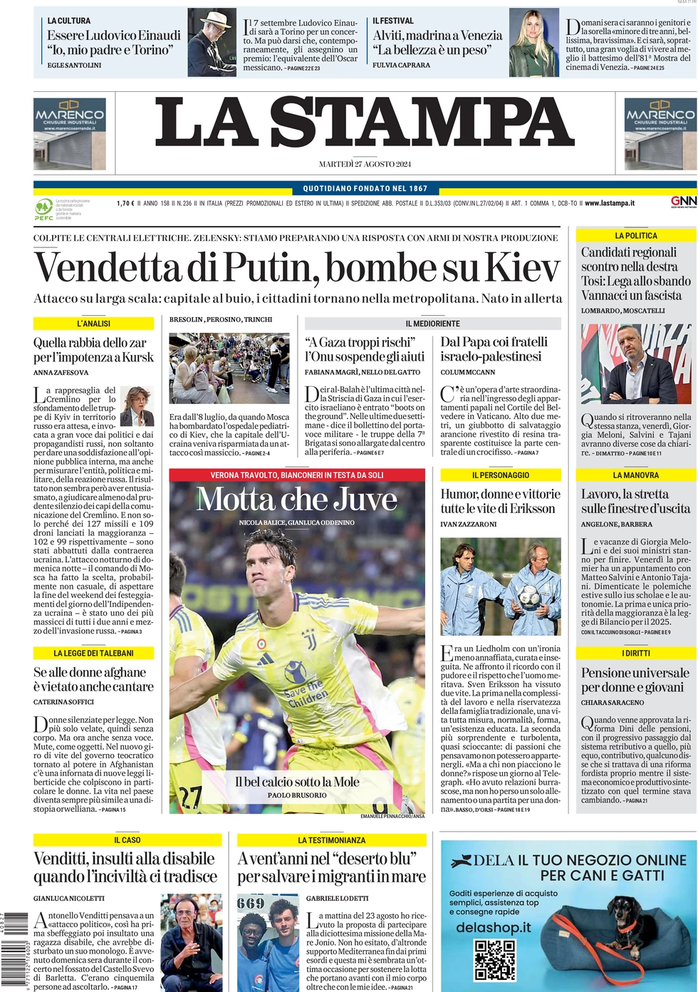 anteprima della prima pagina di la-stampa del 27/08/2024