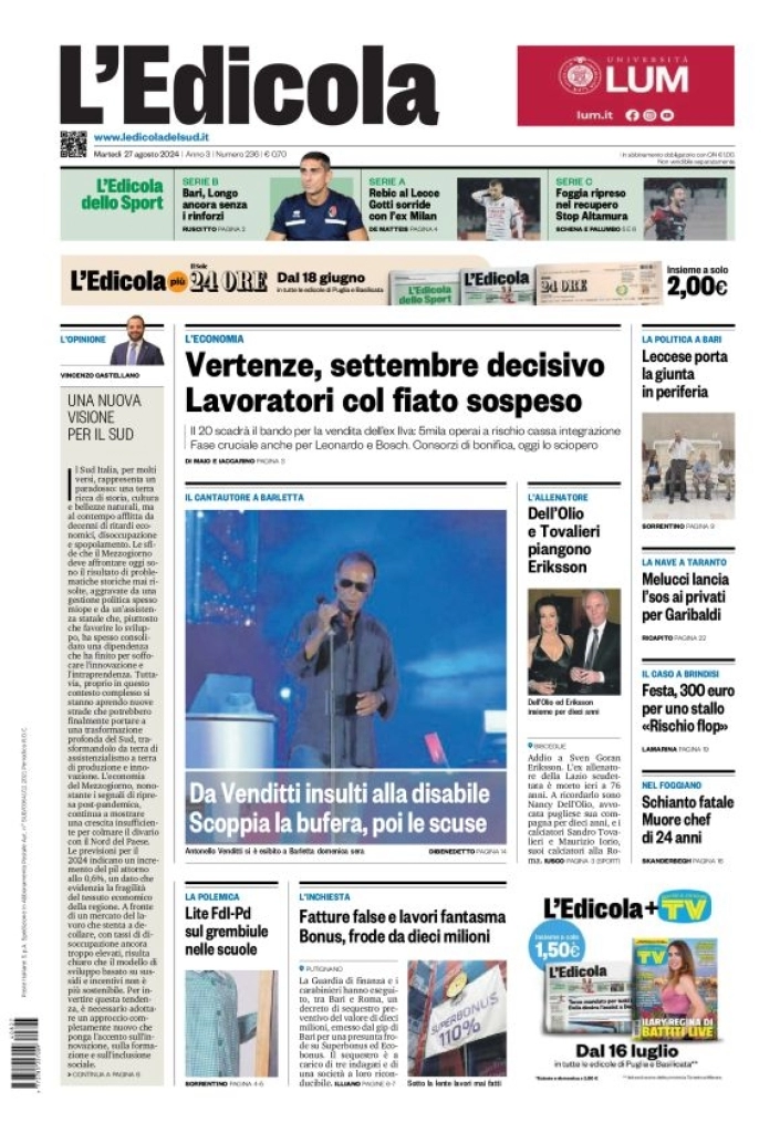 anteprima della prima pagina di ledicola-del-sud-bari,-foggia,-basilicata del 27/08/2024