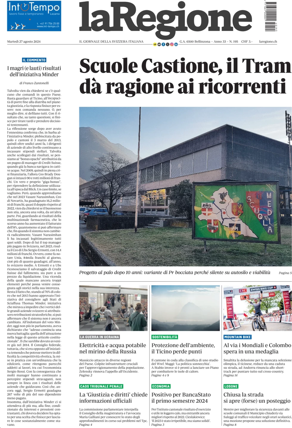 anteprima della prima pagina di la-regione del 27/08/2024