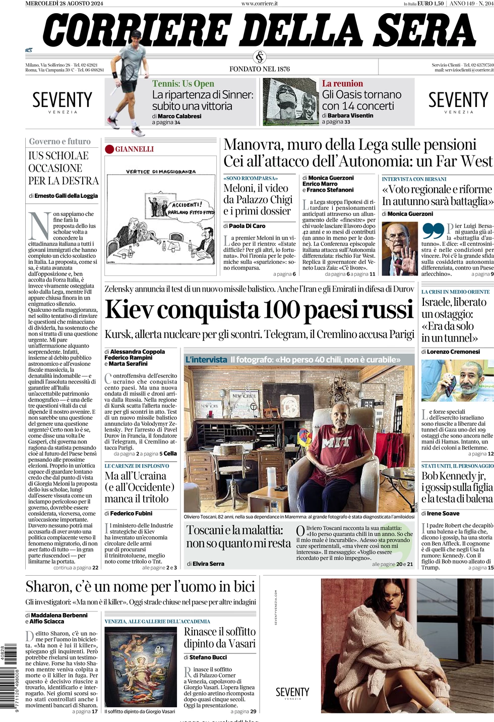 anteprima della prima pagina di corriere-della-sera del 28/08/2024