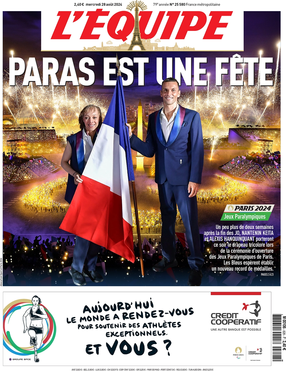 anteprima della prima pagina di lequipe del 28/08/2024