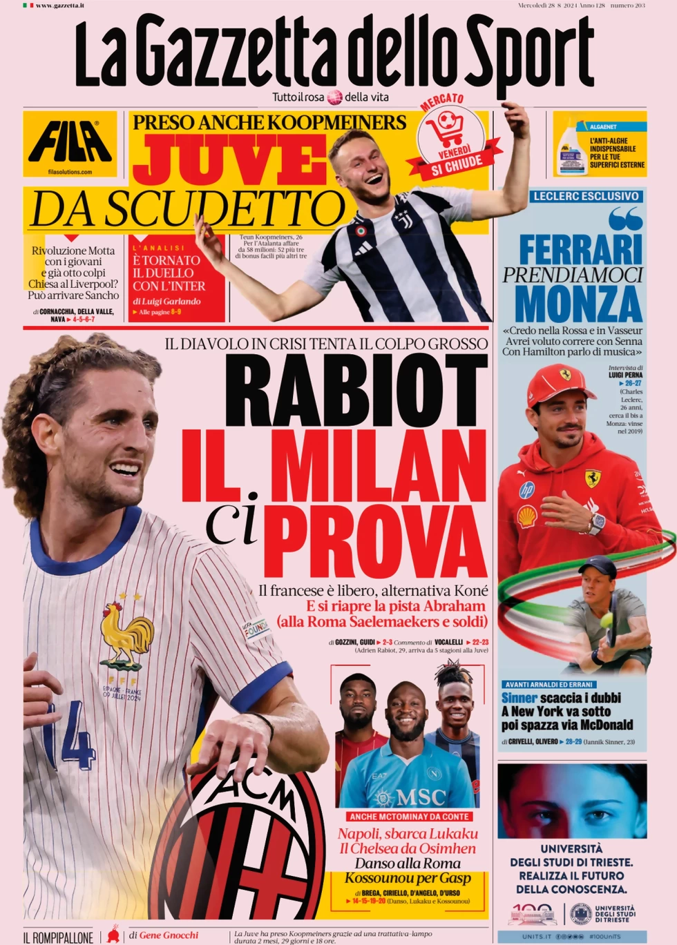 anteprima della prima pagina di la-gazzetta-dello-sport del 28/08/2024