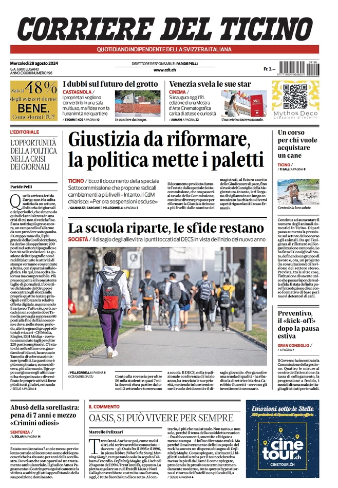 anteprima della prima pagina di corriere-del-ticino del 28/08/2024