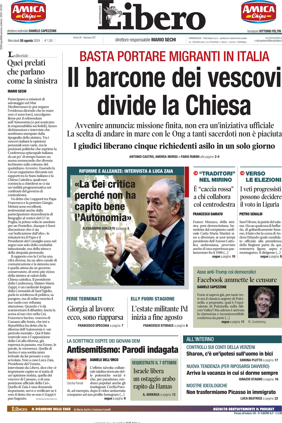 anteprima della prima pagina di libero-quotidiano del 28/08/2024