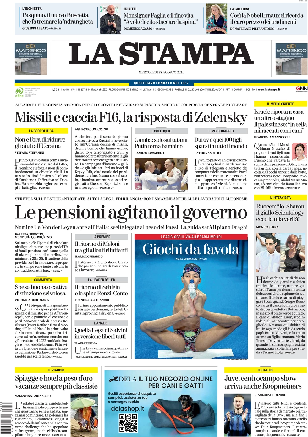 anteprima della prima pagina di la-stampa del 28/08/2024