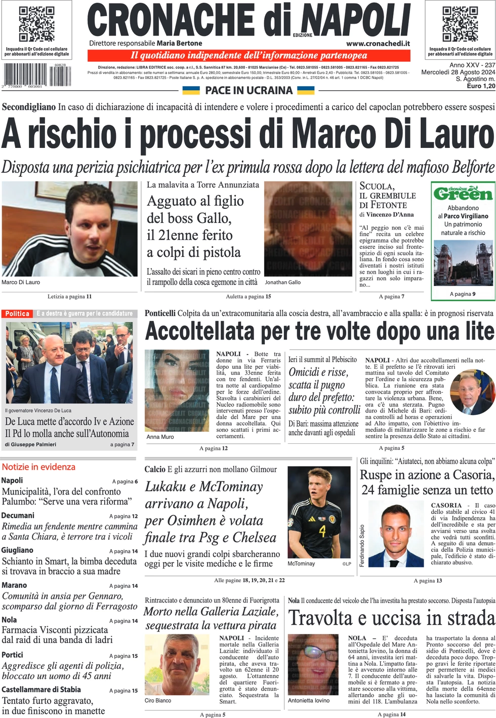 anteprima della prima pagina di cronache-di-napoli del 28/08/2024