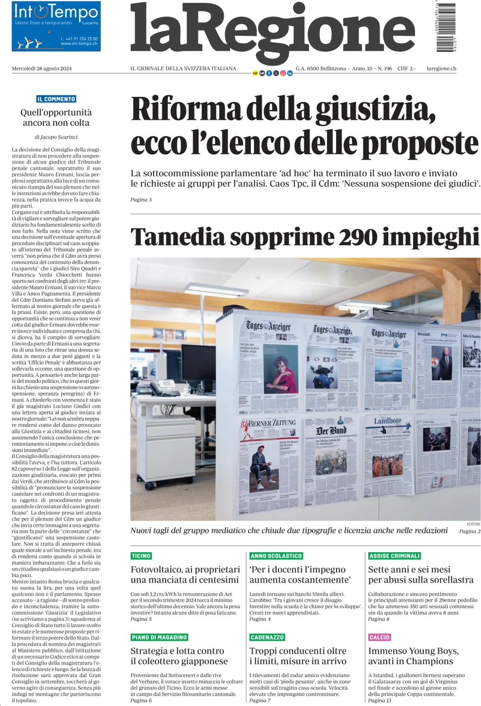 anteprima della prima pagina di la-regione del 28/08/2024