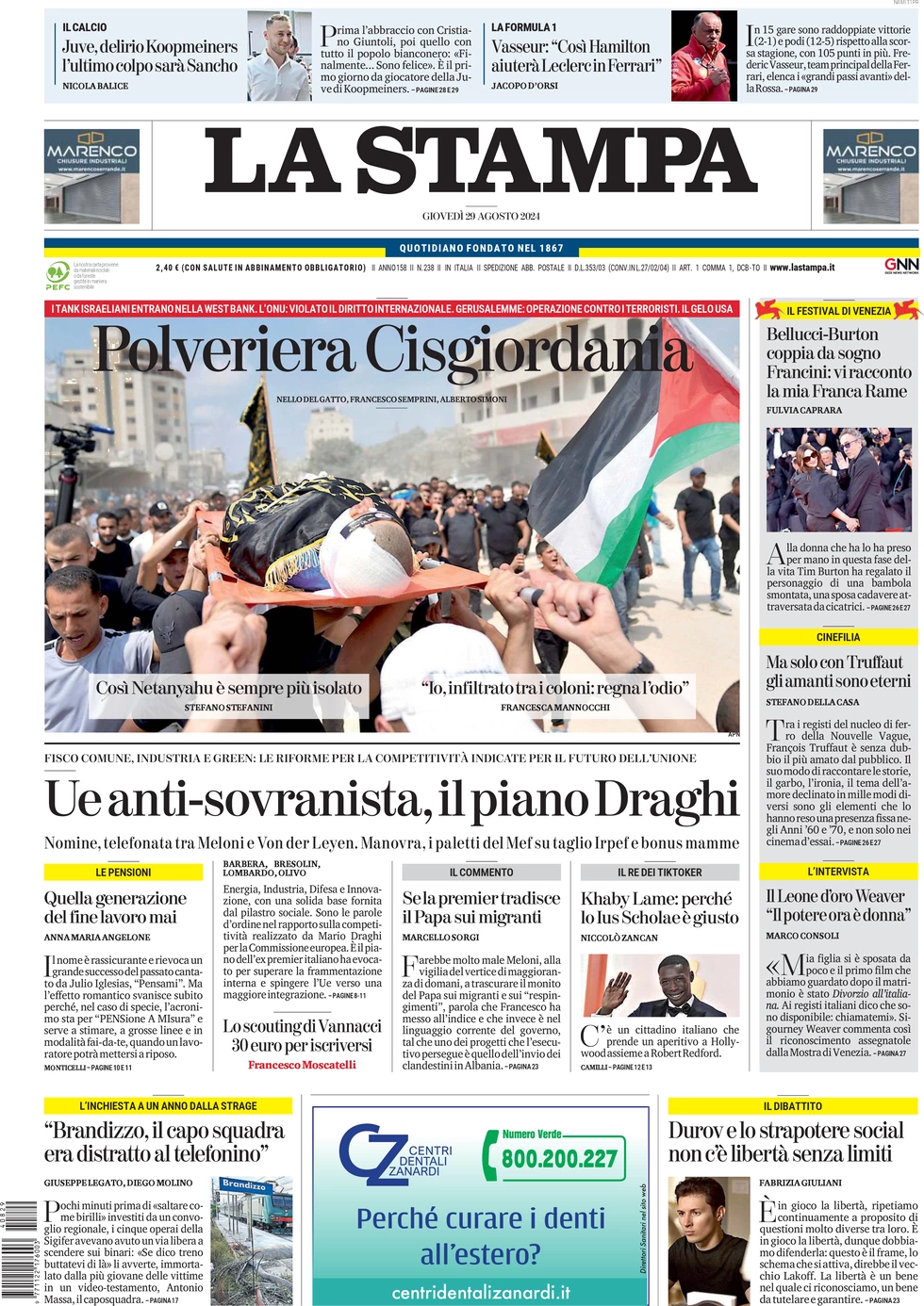 anteprima della prima pagina di la-stampa del 29/08/2024