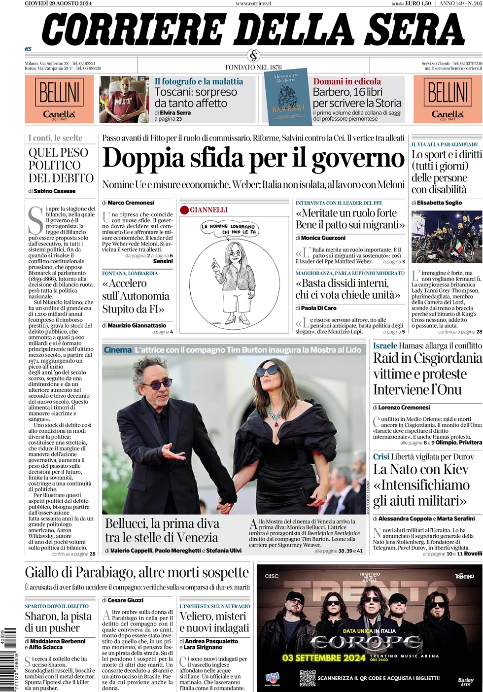 anteprima della prima pagina di corriere-della-sera del 29/08/2024