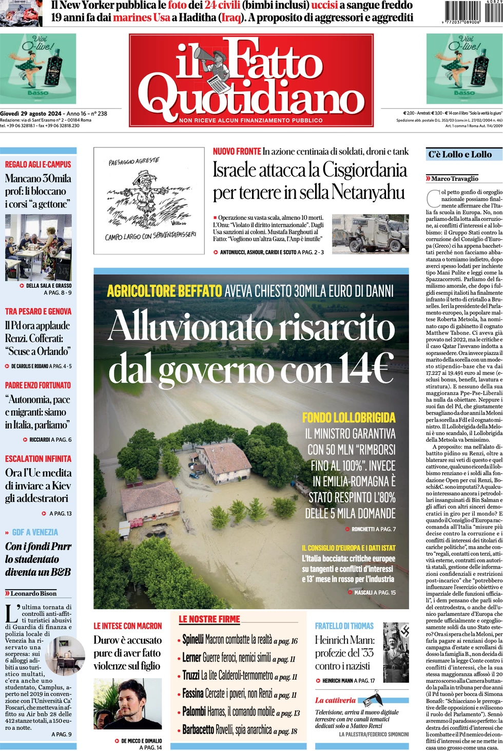 anteprima della prima pagina di il-fatto-quotidiano del 29/08/2024