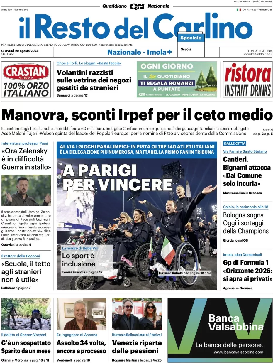 anteprima della prima pagina di il-resto-del-carlino del 29/08/2024