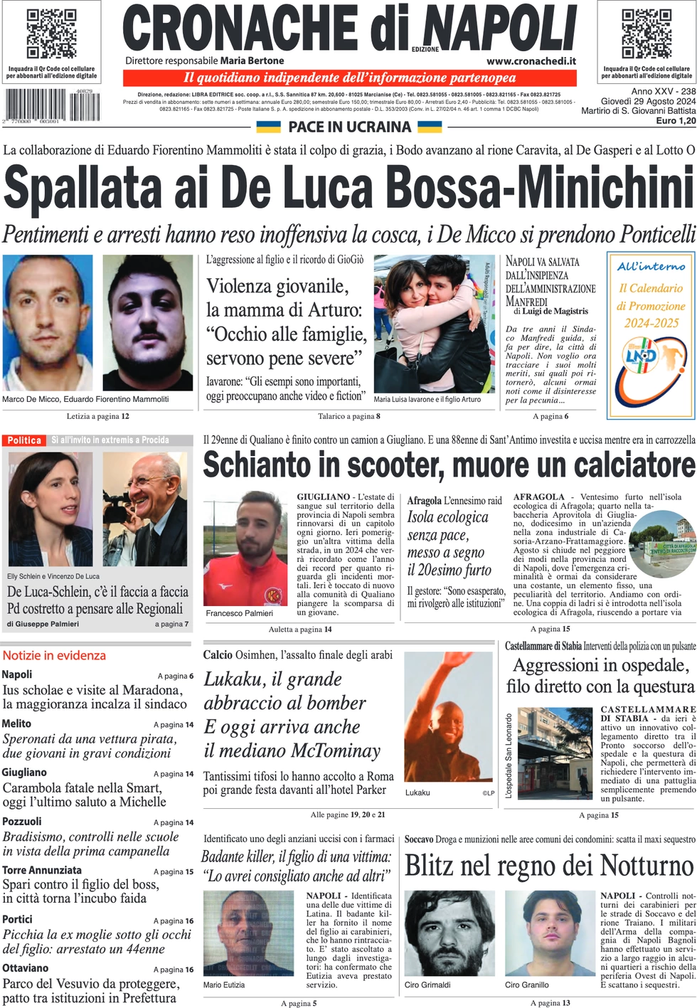 anteprima della prima pagina di cronache-di-napoli del 29/08/2024