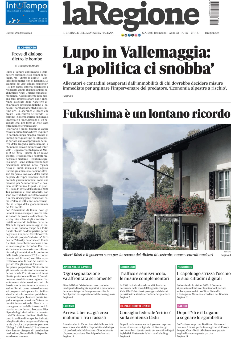 anteprima della prima pagina di la-regione del 29/08/2024