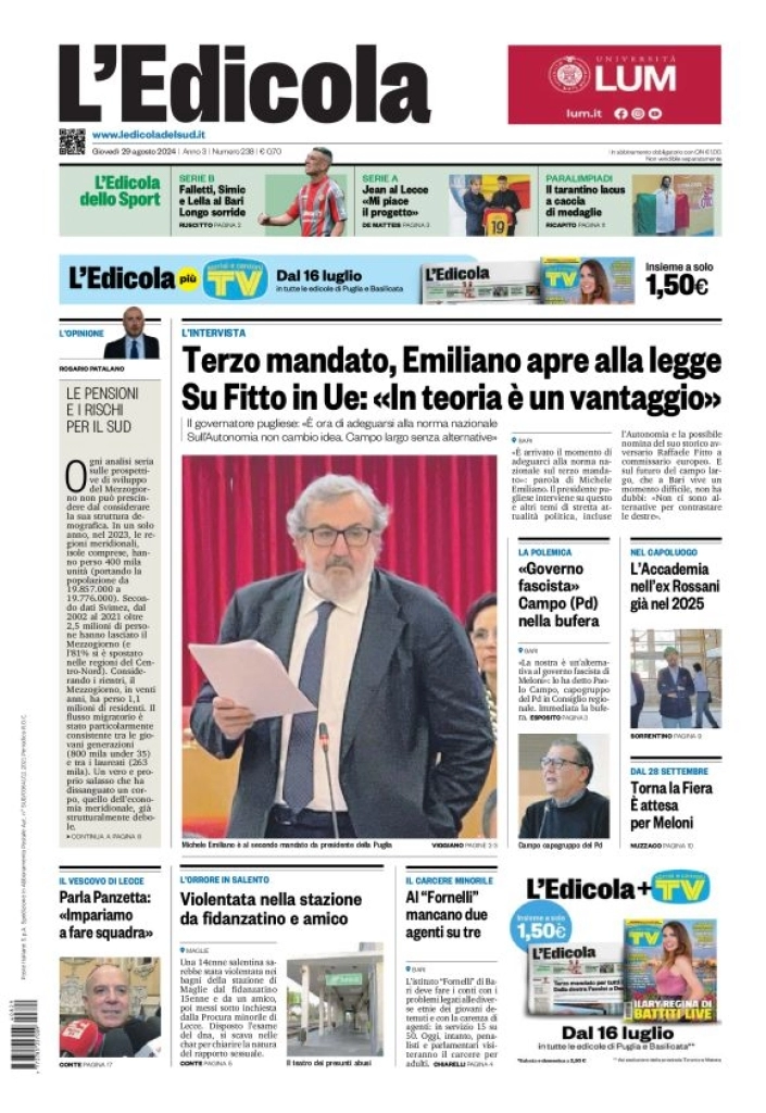 anteprima della prima pagina di ledicola-del-sud-bari,-foggia,-basilicata del 29/08/2024
