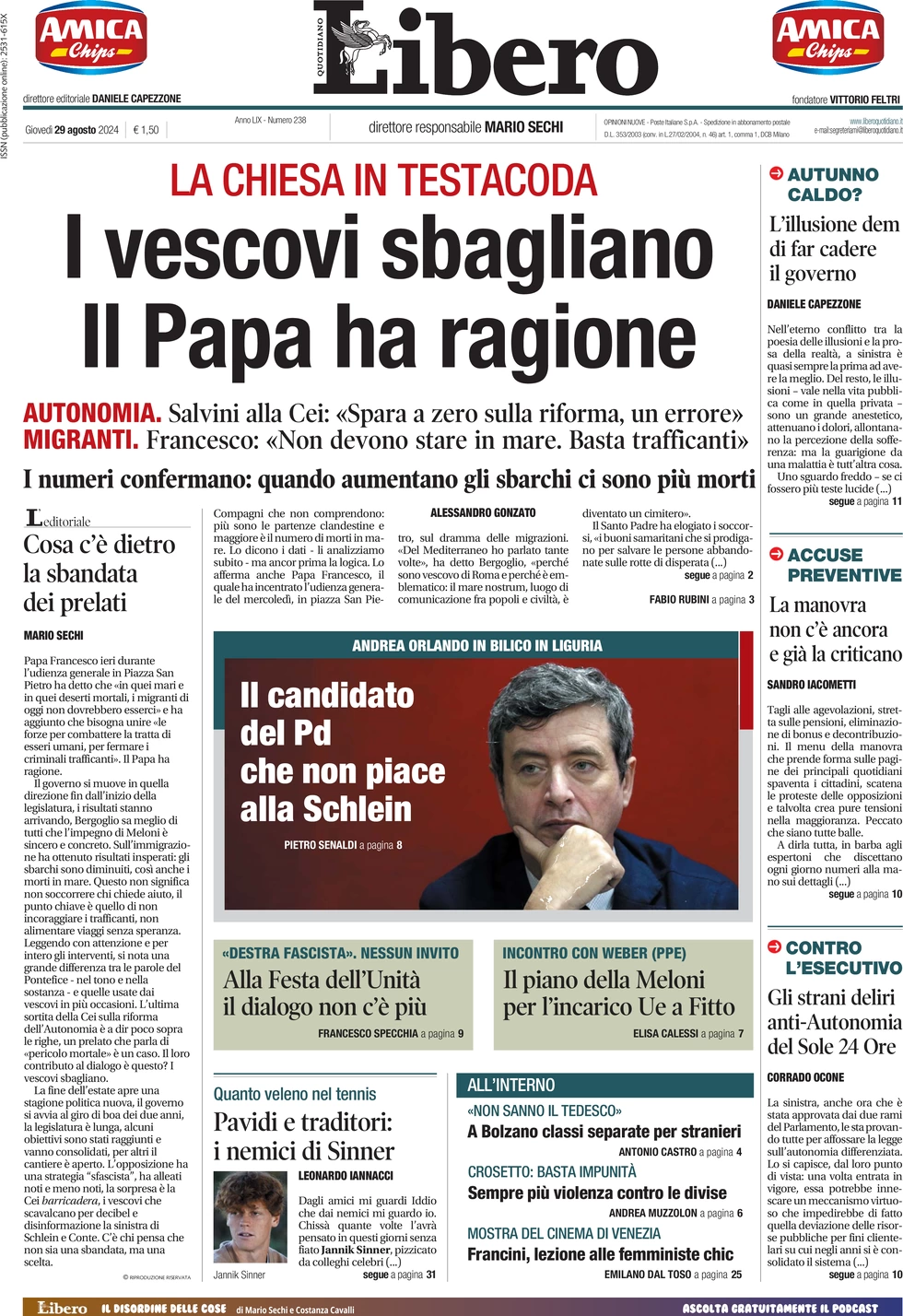 anteprima della prima pagina di libero-quotidiano del 29/08/2024