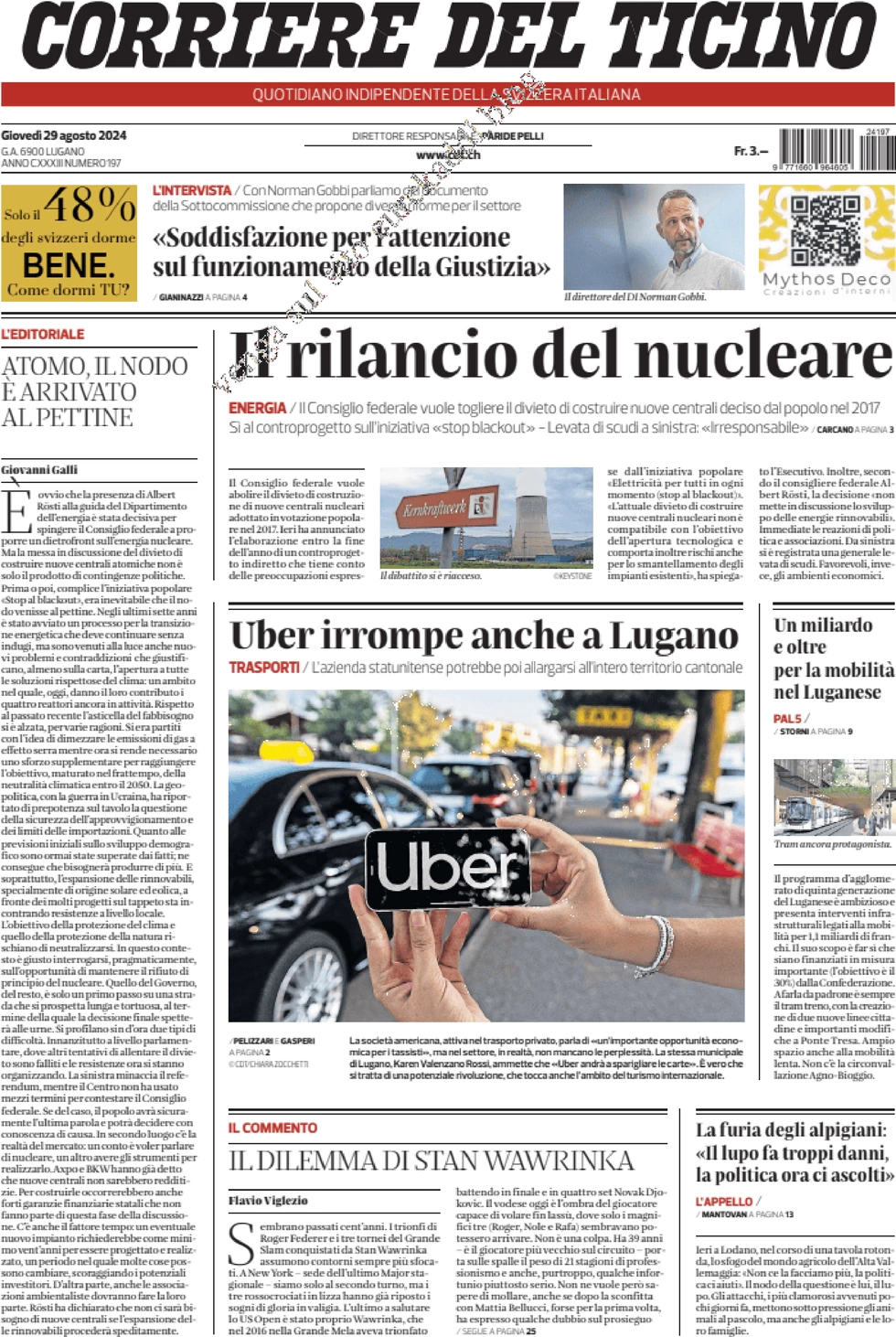 anteprima della prima pagina di corriere-del-ticino del 29/08/2024