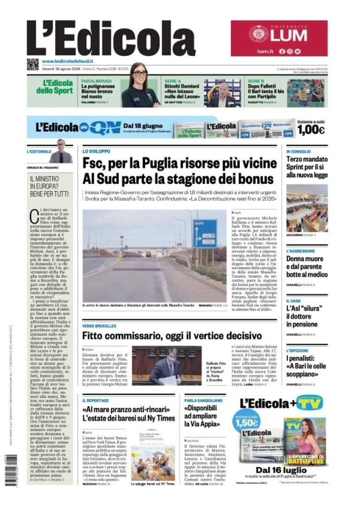 anteprima della prima pagina di ledicola-del-sud-bari,-foggia,-basilicata del 30/08/2024