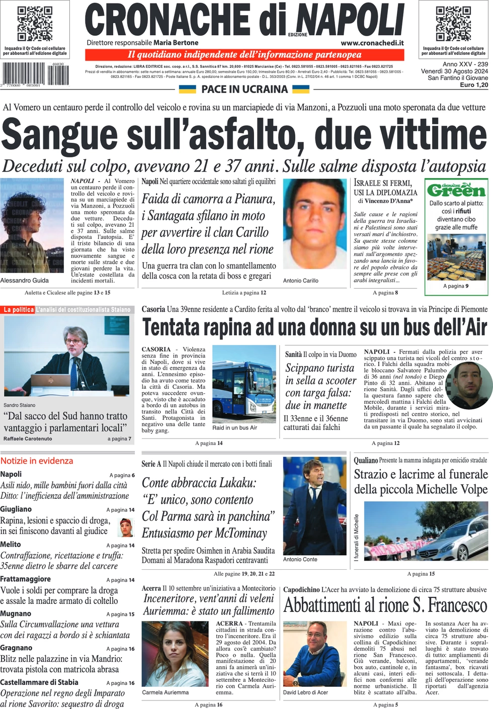 anteprima della prima pagina di cronache-di-napoli del 30/08/2024