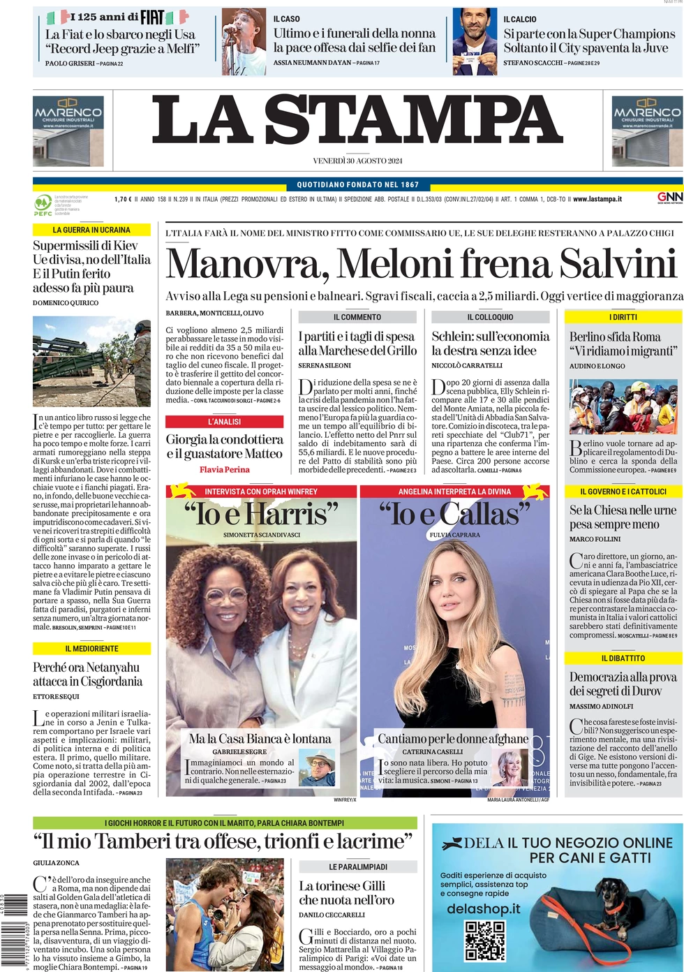 anteprima della prima pagina di la-stampa del 30/08/2024