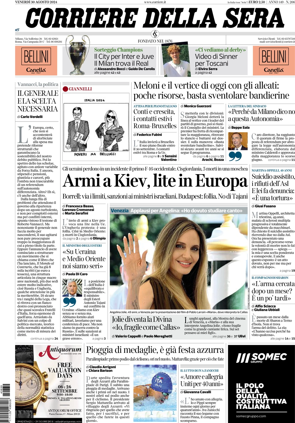 anteprima della prima pagina di corriere-della-sera del 30/08/2024