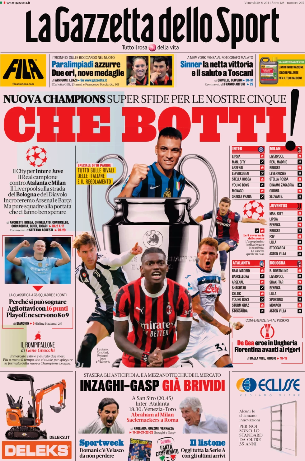 anteprima della prima pagina di la-gazzetta-dello-sport del 30/08/2024