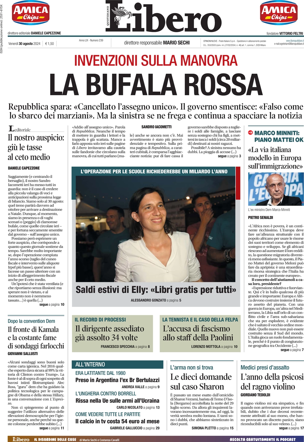 anteprima della prima pagina di libero-quotidiano del 30/08/2024