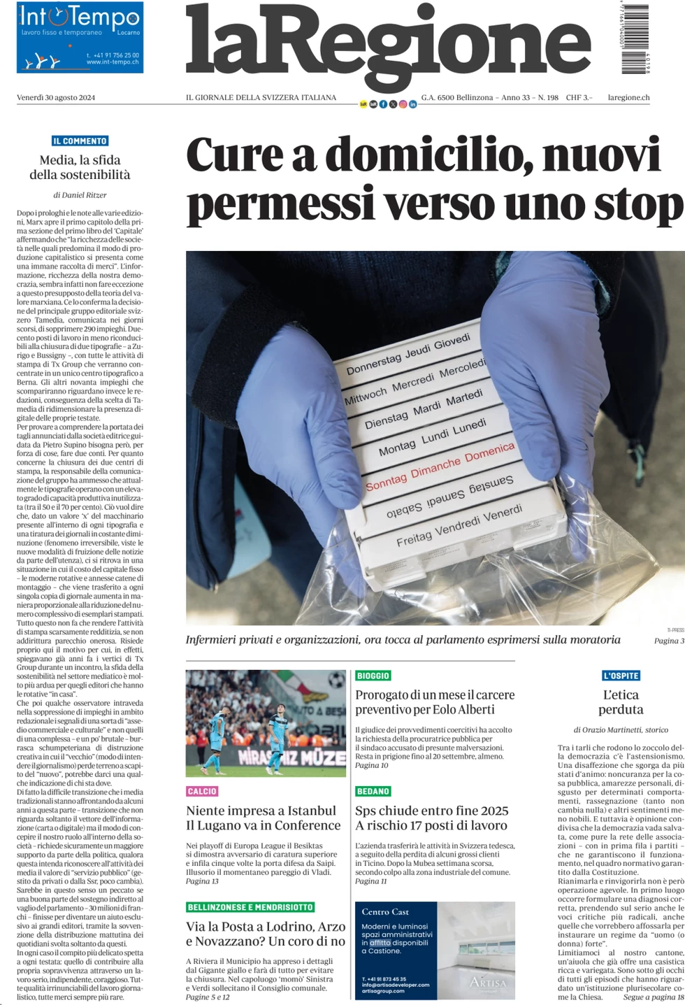 anteprima della prima pagina di la-regione del 30/08/2024