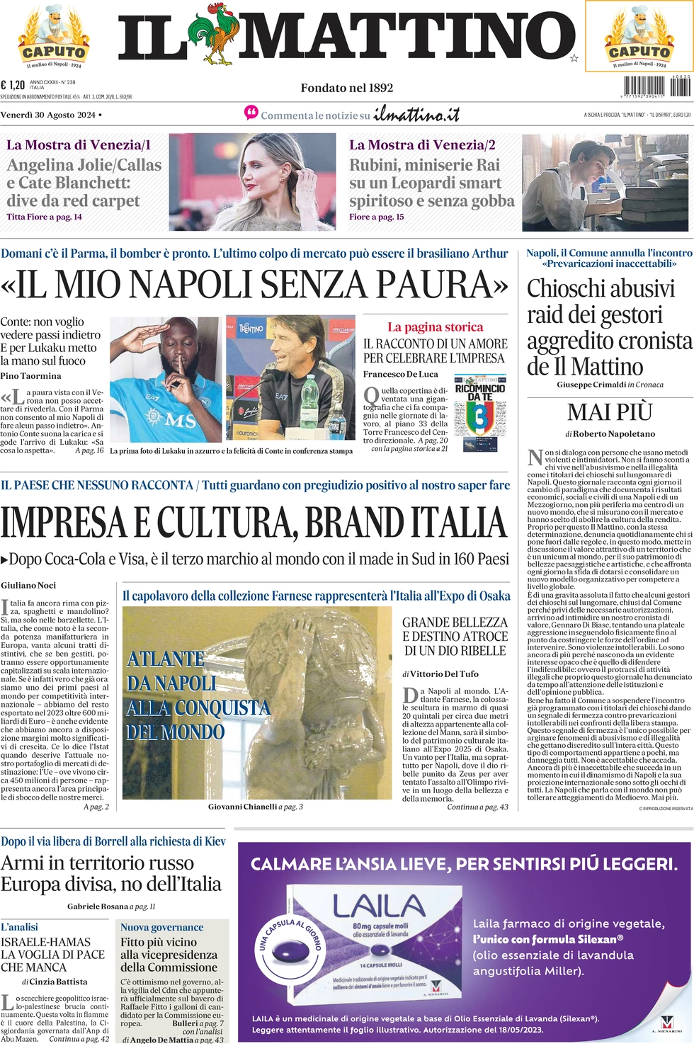 anteprima della prima pagina di il-mattino del 30/08/2024