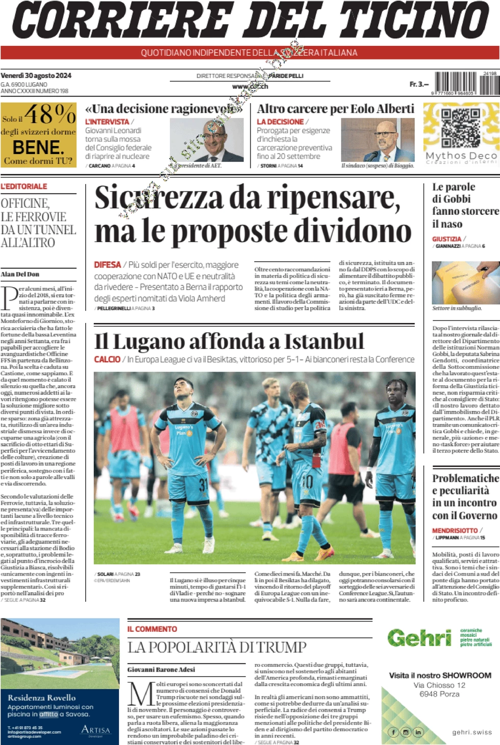 anteprima della prima pagina di corriere-del-ticino del 30/08/2024