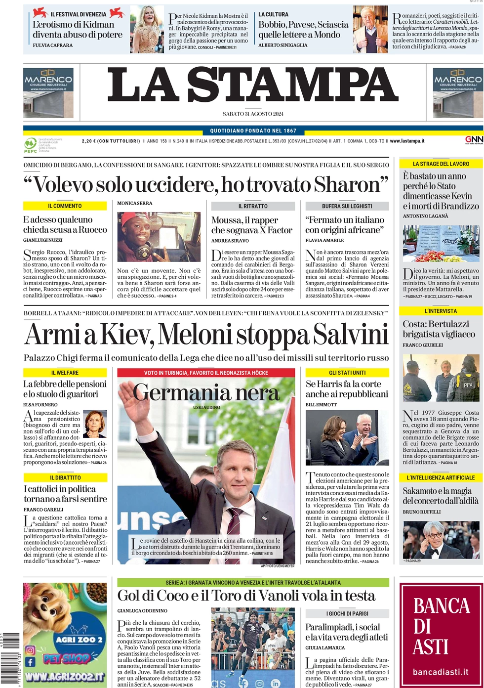 anteprima della prima pagina di la-stampa del 31/08/2024