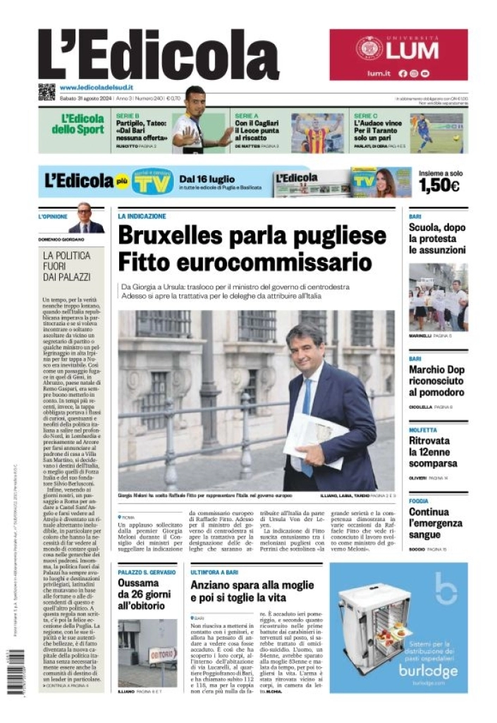 anteprima della prima pagina di ledicola-del-sud-bari,-foggia,-basilicata del 31/08/2024