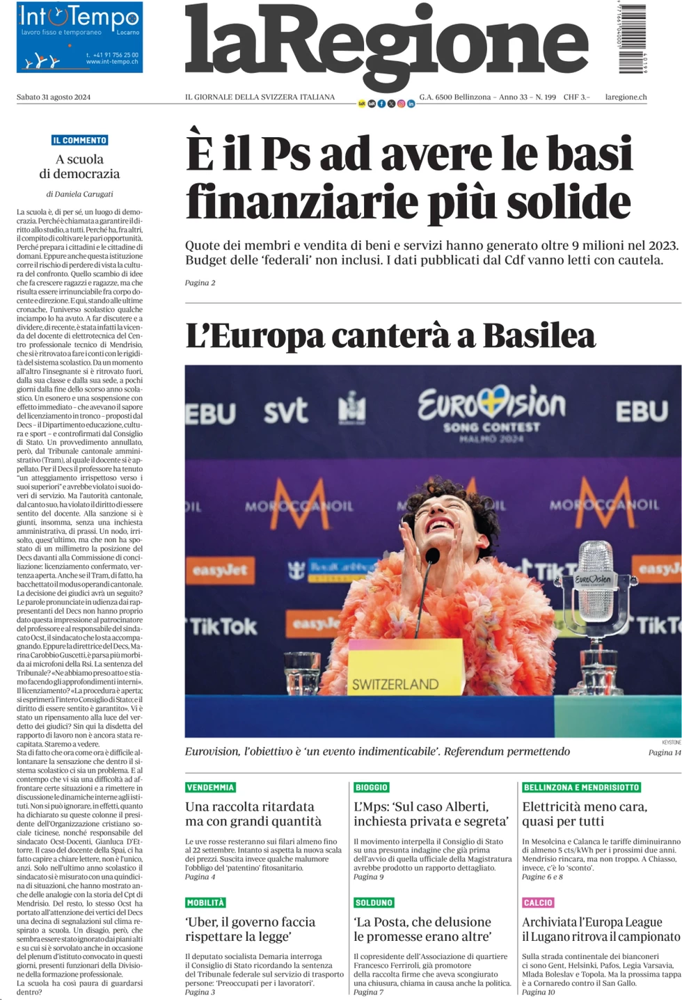 anteprima della prima pagina di la-regione del 31/08/2024