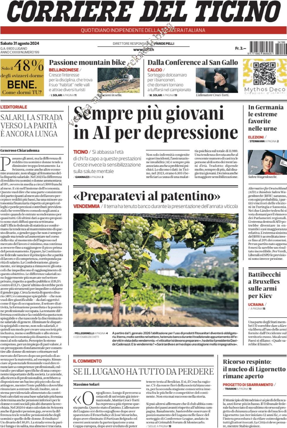 anteprima della prima pagina di corriere-del-ticino del 31/08/2024