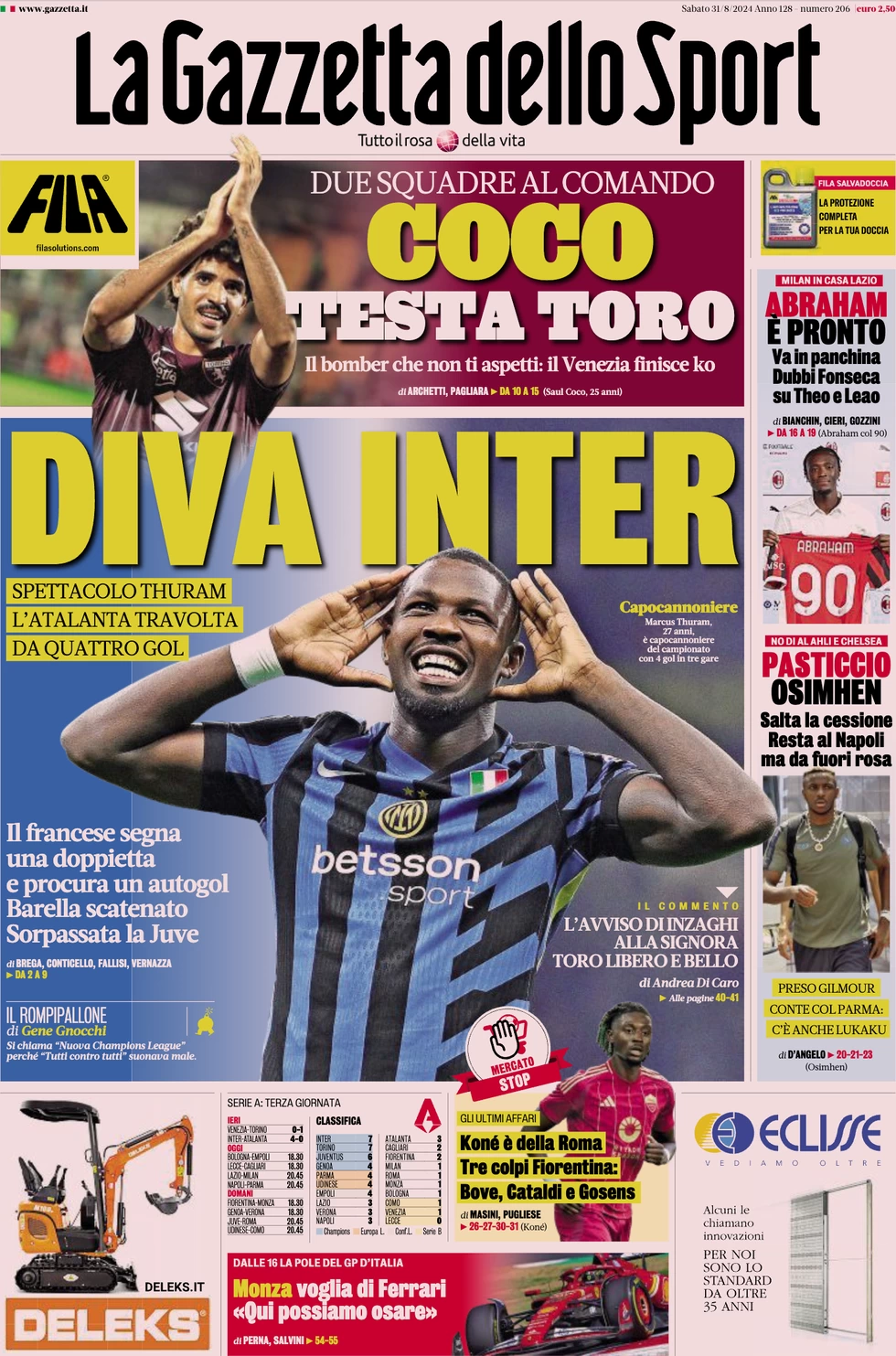 anteprima della prima pagina di la-gazzetta-dello-sport del 31/08/2024