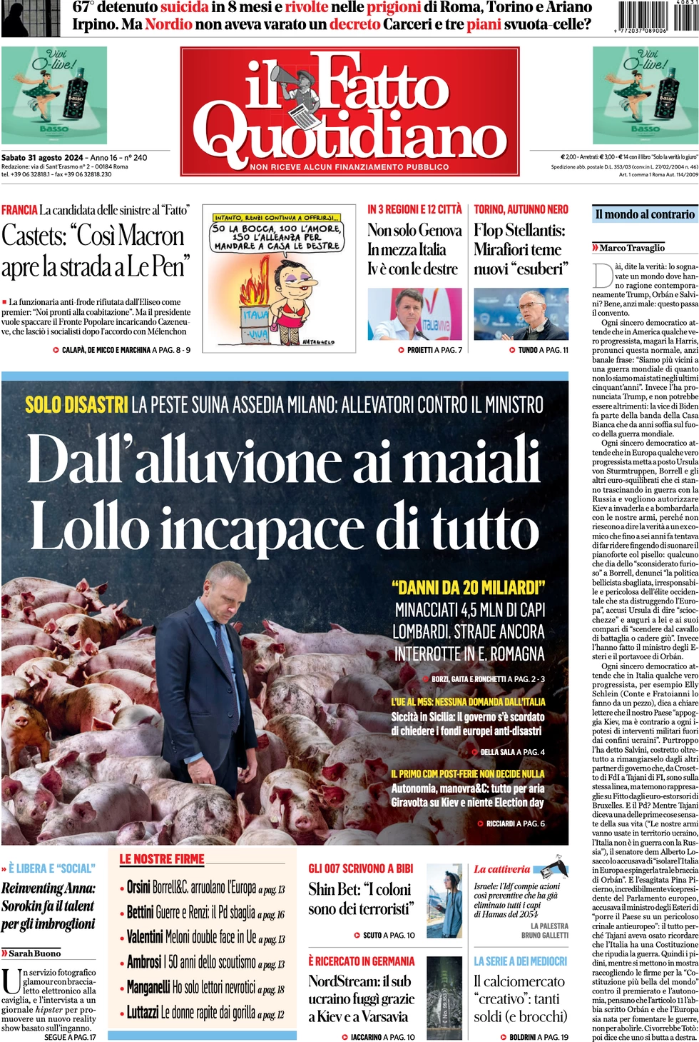 anteprima della prima pagina di il-fatto-quotidiano del 31/08/2024