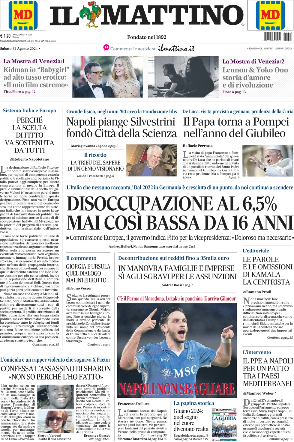 anteprima della prima pagina di il-mattino del 31/08/2024