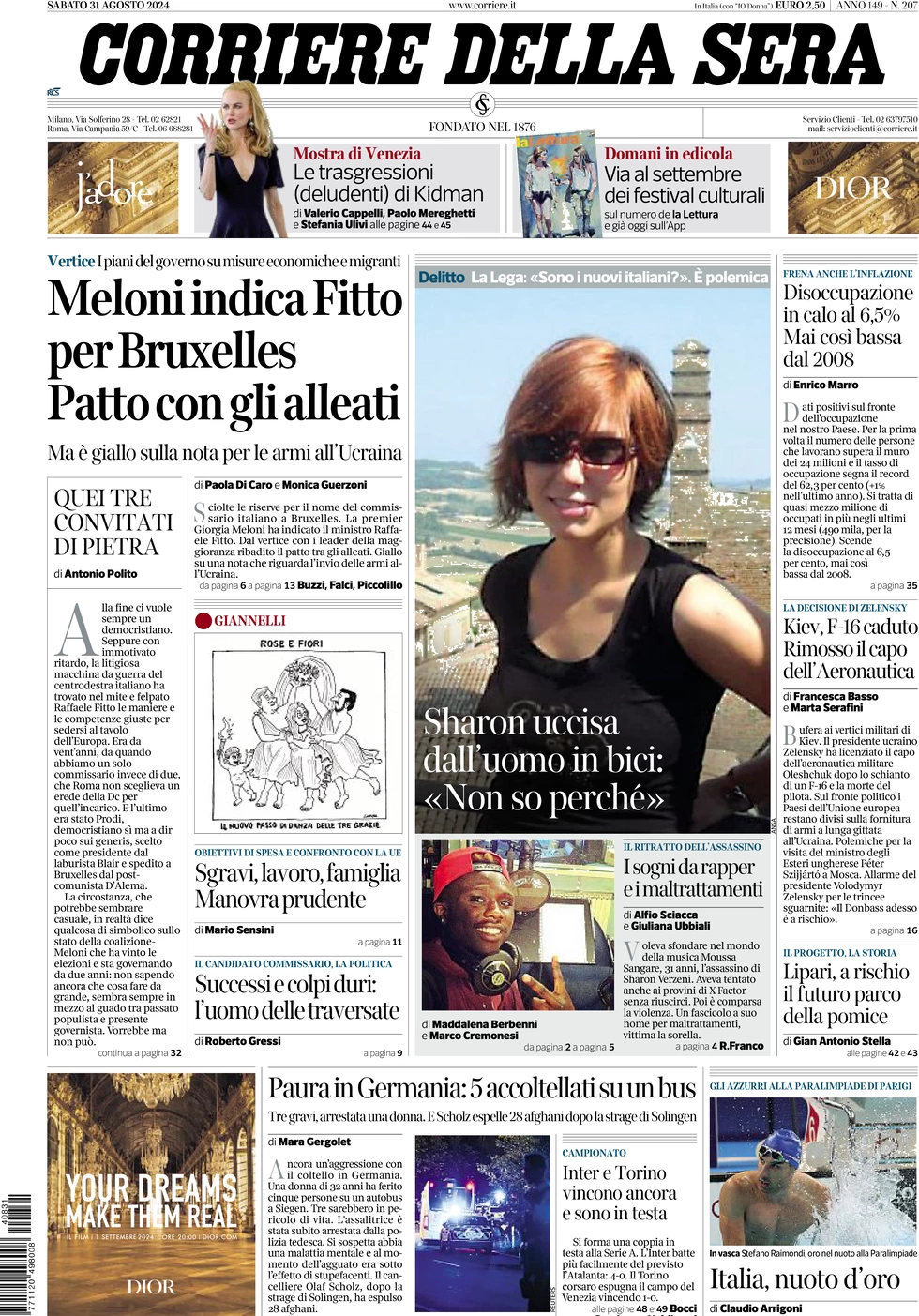 anteprima della prima pagina di corriere-della-sera del 31/08/2024