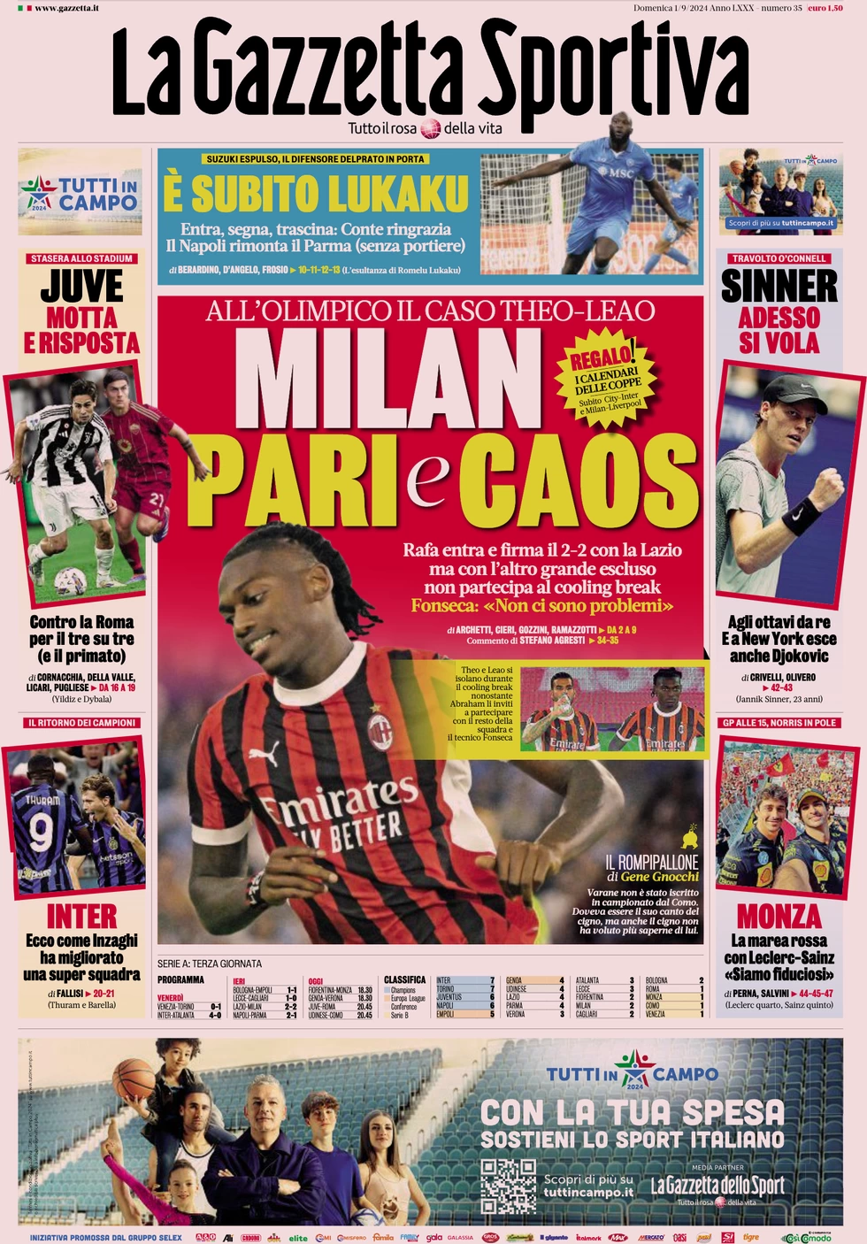 anteprima della prima pagina di la-gazzetta-dello-sport del 01/09/2024