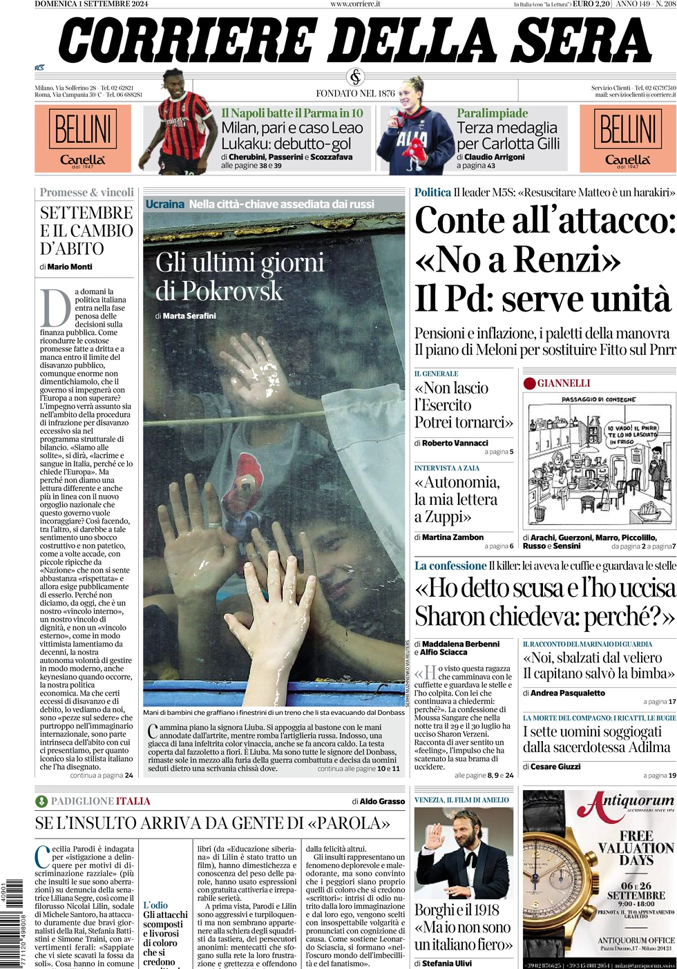 anteprima della prima pagina di corriere-della-sera del 01/09/2024