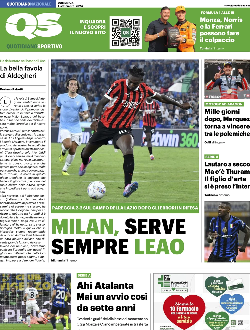 anteprima della prima pagina di qs-quotidiano-sportivo del 01/09/2024