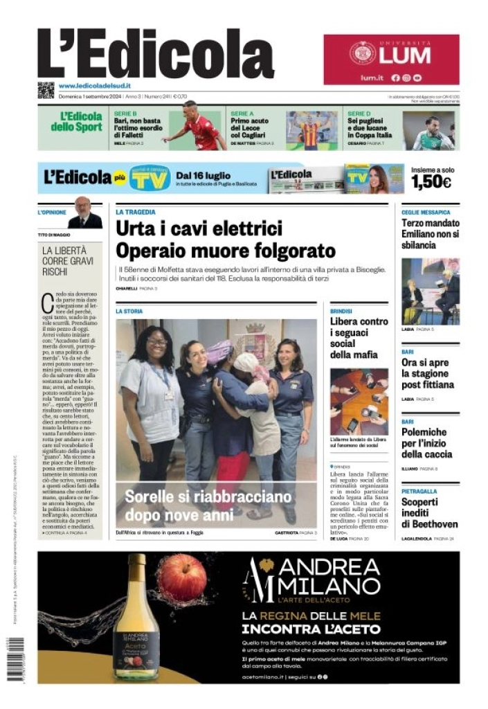 anteprima della prima pagina di ledicola-del-sud-bari,-foggia,-basilicata del 01/09/2024