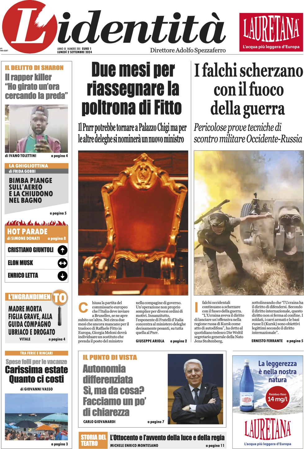 anteprima della prima pagina di lidentit del 01/09/2024